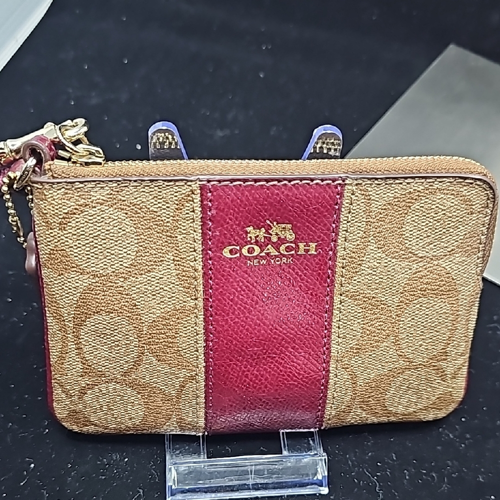 Coach Monogram burgundy and tan wristlet🦚🦚🦚 - Picture 1 of 5